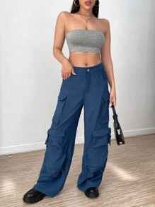 SHEIN PETITE Áo nữ Lộ Lưng màu trơn Giải trí - Màu Xám nhạt - Xem 1