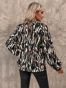SHEIN Clasi Allover Print Lantern Sleeve Frill Trim Blouse - Multicolor - View 2