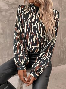 SHEIN Clasi Allover Print Lantern Sleeve Frill Trim Blouse - Multicolor - View 6