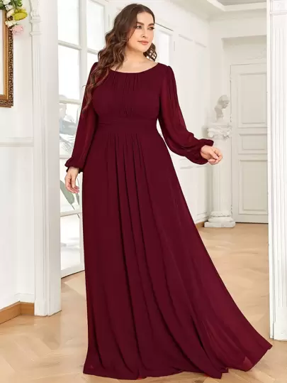 Plus Size Elegant Romantic A-Line Long Sleeve Burgundy Bridesmaid Dress, Autumn Wedding Guest Dress