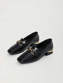 金屬裝飾方頭平底樂福鞋 - 黑色 - 查看 3