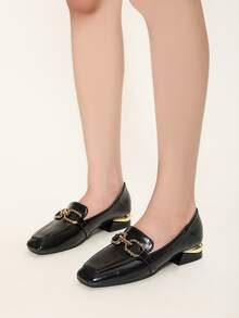 金屬裝飾方頭平底樂福鞋 - 黑色 - 查看 4