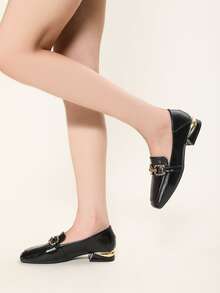 金屬裝飾方頭平底樂福鞋 - 黑色 - 查看 5