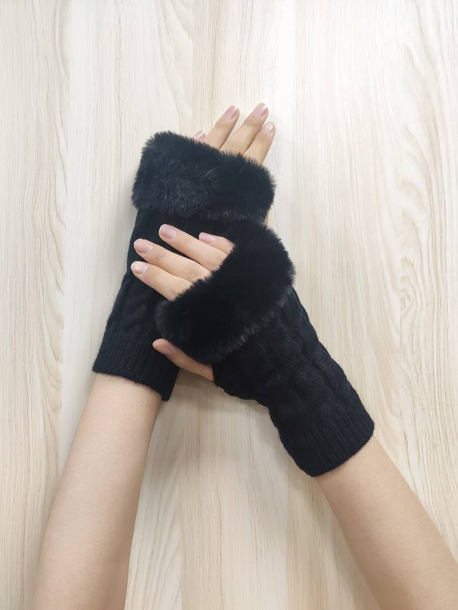 Guantes sin dedo ribete lanudo - Negro - Ver 1