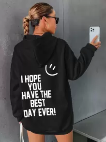 SHEIN Unity Slogan And Cartoon Graphic Drop Shoulder Hoodie Pullover Fall Outfit - Black - View 1