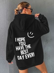 SHEIN Unity Slogan And Cartoon Graphic Drop Shoulder Hoodie Pullover Fall Outfit - Black - View 2