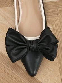 蝴蝶結裝飾撞色滾邊尖頭芭蕾舞鞋 - 黑色 - 查看 4