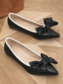 蝴蝶結裝飾撞色滾邊尖頭芭蕾舞鞋 - 黑色 - 查看 5