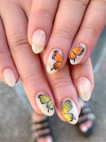 24pcs Short Oval Butterfly Print Fake Nail & 1pc Nail File & 1sheet Tape - Multicolor - View 1