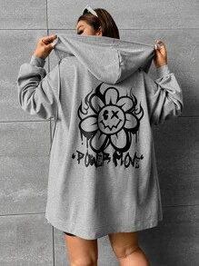 SHEIN EZwear Plus Size Cartoon Graphic Drop Shoulder Drawstring Sweatshirt - Light Grey - View 1