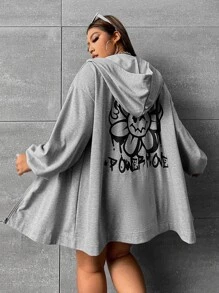 SHEIN EZwear Plus Size Cartoon Graphic Drop Shoulder Drawstring Sweatshirt - Light Grey - View 3