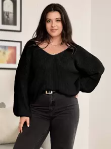 Flirla 大码女式纯色针织V领镂空长袖常规休闲通勤百搭圆领毛衣，秋冬针织套头衫 - 黑色 - 查看 1