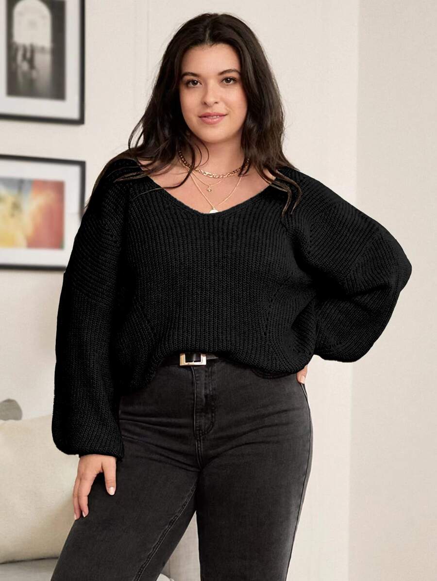 Flirla 大码女式纯色针织V领镂空长袖常规休闲通勤百搭圆领毛衣，秋冬针织套头衫 - 黑色 - 查看 1