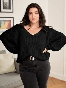 Flirla 大码女式纯色针织V领镂空长袖常规休闲通勤百搭圆领毛衣，秋冬针织套头衫 - 黑色 - 查看 5