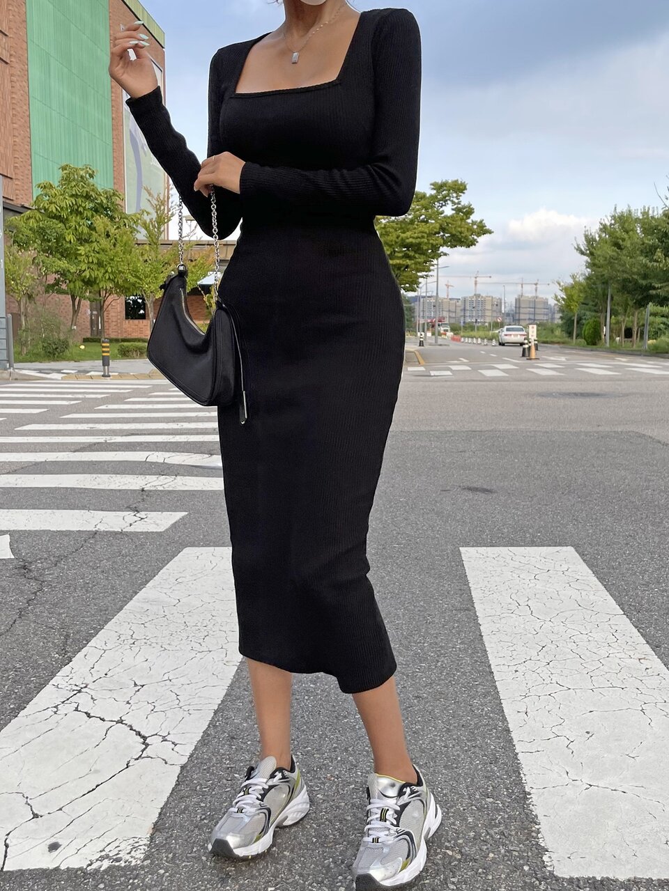 Square Neck Slit Back Bodycon Dress,Fall Women Clothes