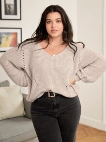 Calvaya 大码女式纯色 V 领镂空长袖休闲通勤百搭套头衫，秋冬 - 杏色 - 查看 4