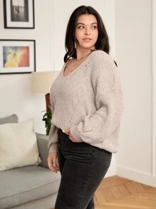 Calvaya 大码女式纯色 V 领镂空长袖休闲通勤百搭套头衫，秋冬 - 杏色 - 查看 6