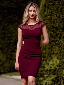 MIUSOL Contrast Lace Ruched Split Back Bodycon Work Dress - Maroon - View 7