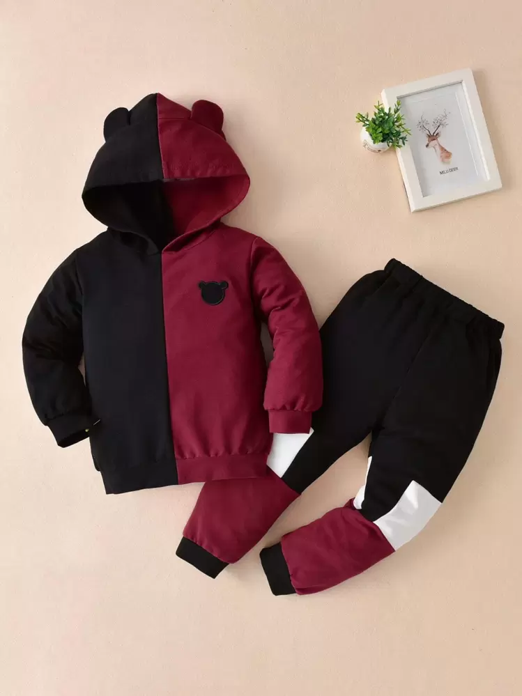 SHEIN Toddler Boys Color Block Bear Embroidered 3D Patched Hoodie & Sweatpants - Multicolor - View 1