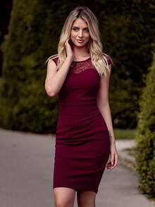 MIUSOL Contrast Lace Ruched Split Back Bodycon Work Dress - Maroon - View 5