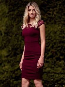 MIUSOL Contrast Lace Ruched Split Back Bodycon Work Dress - Maroon - View 8
