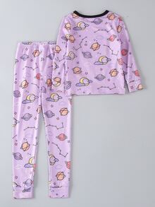 Toddler Girls Cartoon Graphic Contrast Binding Snug Fit PJ Set - Lilac Purple - View 2