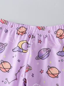 Toddler Girls Cartoon Graphic Contrast Binding Snug Fit PJ Set - Lilac Purple - View 3