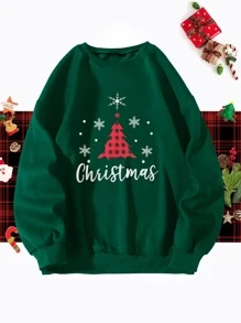 Christmas Print Drop Shoulder Sweatshirt - Dark Green - View 1