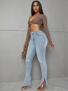 SHEIN SXY 高腰下擺開叉破洞緊身牛仔褲 - 淺色水洗藍 - 查看 1