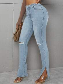 SHEIN SXY 高腰下擺開叉破洞緊身牛仔褲 - 淺色水洗藍 - 查看 3