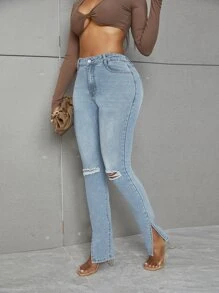 SHEIN SXY 高腰下擺開叉破洞緊身牛仔褲 - 淺色水洗藍 - 查看 4