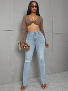 SHEIN SXY 高腰下擺開叉破洞緊身牛仔褲 - 淺色水洗藍 - 查看 5