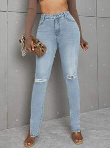 SHEIN SXY 高腰下擺開叉破洞緊身牛仔褲 - 淺色水洗藍 - 查看 8