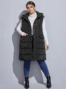 SHEIN LUNE Plus Size Flap Pocket Sleeveless Hooded Padded Coat - Black - View 1