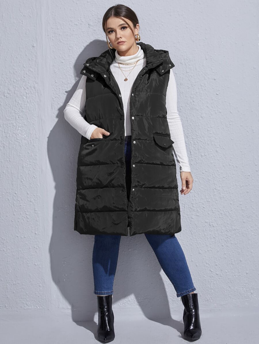 SHEIN LUNE Plus Size Flap Pocket Sleeveless Hooded Padded Coat - Black - View 1