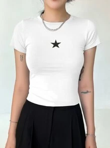 DAZY 星星印花短款 T 恤 Y2k - 白色 - 查看 5
