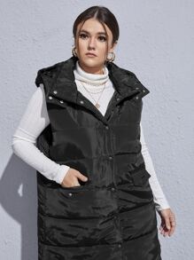 SHEIN LUNE Plus Size Flap Pocket Sleeveless Hooded Padded Coat - Black - View 4