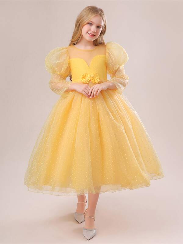 Tween Girls' Formal Dress, Long Sleeve Solid Color Net Yarn Satin Dress