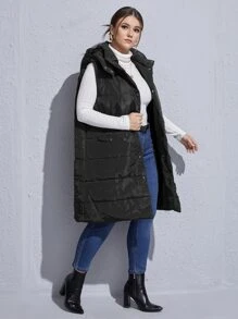 SHEIN LUNE Plus Size Flap Pocket Sleeveless Hooded Padded Coat - Black - View 5