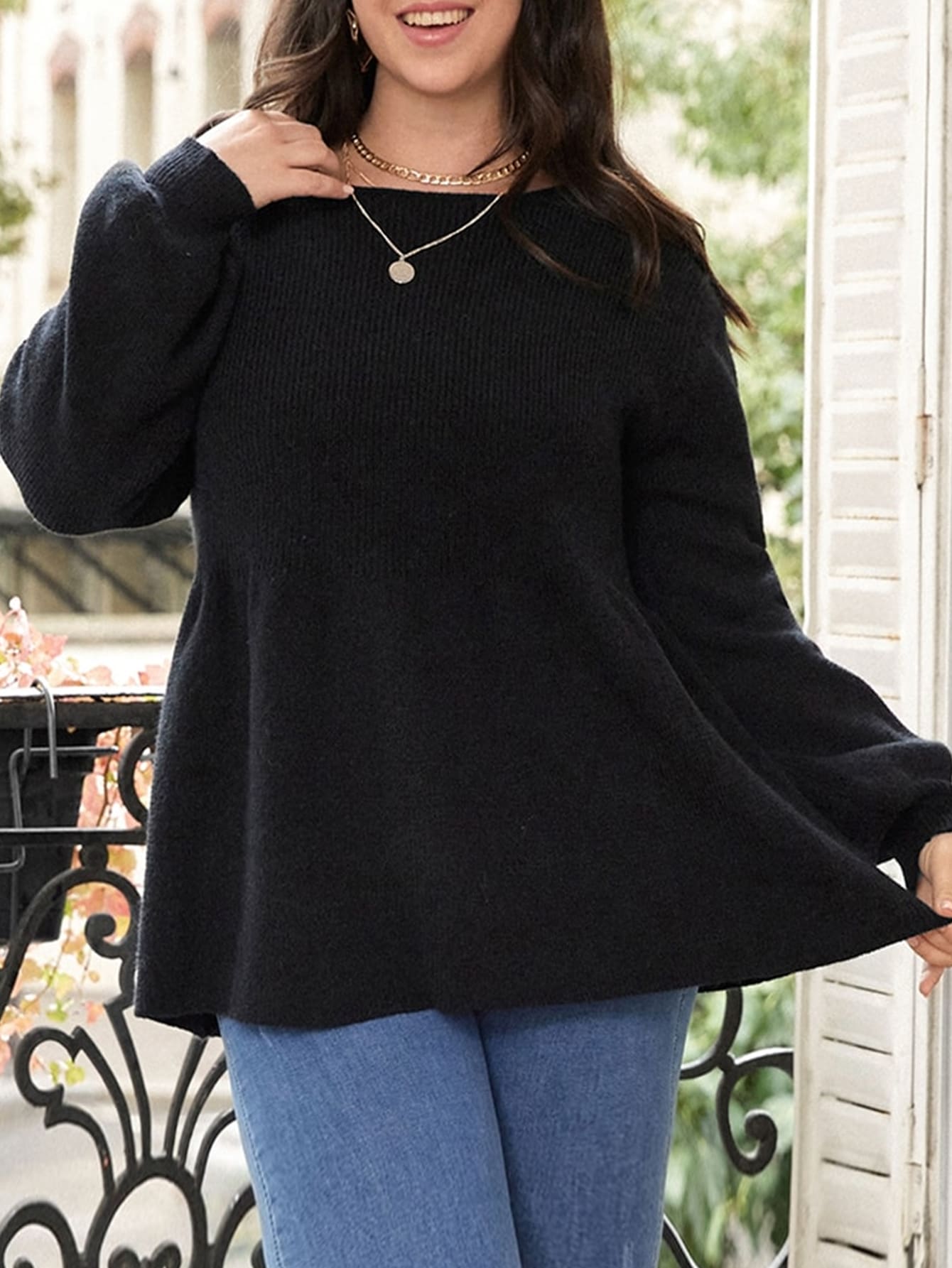 SHEIN LUNE Plus Drop Shoulder Solid Jumper - Black - View 1