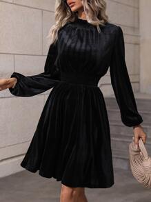 SHEIN LUNE Frilled Neck Lantern Sleeve Velvet Dress - Black - View 1