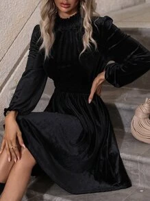 SHEIN LUNE Frilled Neck Lantern Sleeve Velvet Dress - Black - View 3