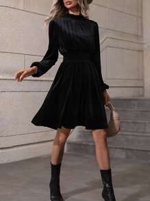 SHEIN LUNE Frilled Neck Lantern Sleeve Velvet Dress - Black - View 5
