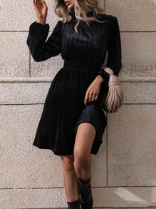 SHEIN LUNE Frilled Neck Lantern Sleeve Velvet Dress - Black - View 6