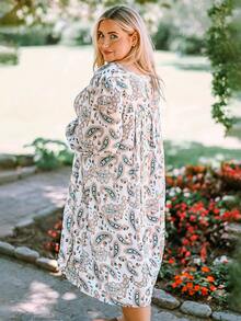 大碼佩斯利印花繫帶領娃娃裙 - 彩色 - 查看 3