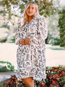 大碼佩斯利印花繫帶領娃娃裙 - 彩色 - 查看 4