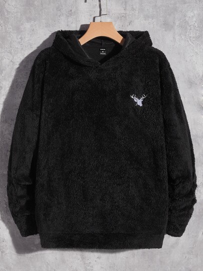 Manfinity BRENVOR Sudadera con bordado de ciervo para hombres, sudadera con capucha de manga larga con gráfico negro de cuello redondo, para regalos a amigos, esposo, novio, para otoño e invierno, cosas de pareja