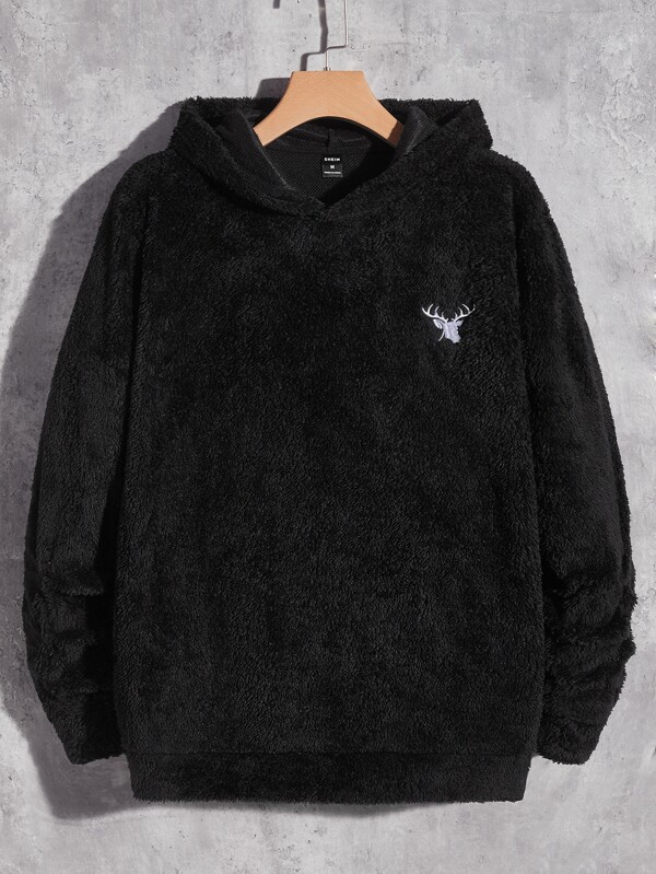 Manfinity BRENVOR Sudadera con bordado de ciervo para hombres, sudadera con capucha de manga larga con gráfico negro de cuello redondo, para regalos a amigos, esposo, novio, para otoño e invierno, cosas de pareja