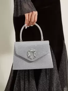 魅力四射金屬亮絲金光閃閃,亮片,奢華,發亮閃光水鑽裝飾翻蓋方包,完美新娘錢包適合婚禮,舞會和派對活動晚會包,晚餐包適合派對女孩,女士 - 銀色 - 查看 1