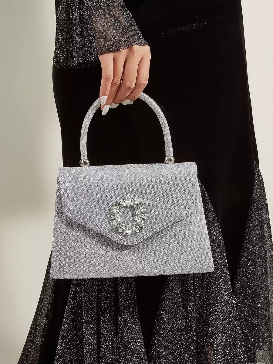 魅力四射金屬亮絲金光閃閃,亮片,奢華,發亮閃光水鑽裝飾翻蓋方包,完美新娘錢包適合婚禮,舞會和派對活動晚會包,晚餐包適合派對女孩,女士 - 銀色 - 查看 1